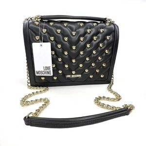Love Moschino Crossbody / Shoulder Bag Black with Studded Gold Hearts New NWT